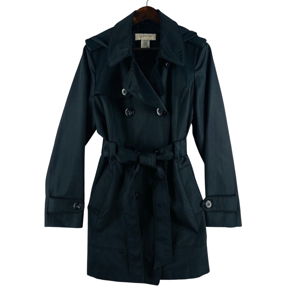 Jones New York Sport Womens Hooded Trench Coat XL Black Belted Double Breasted